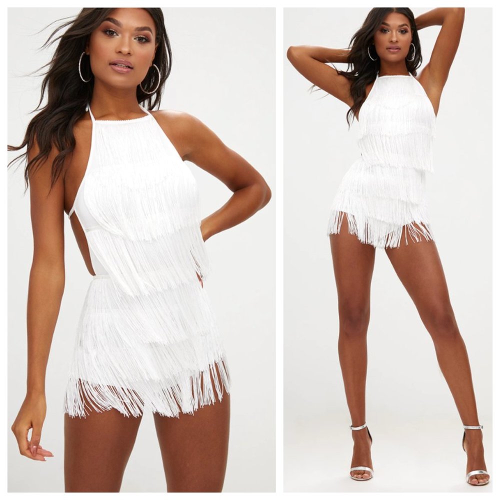 PrettyLittleThing White Fringe Romper